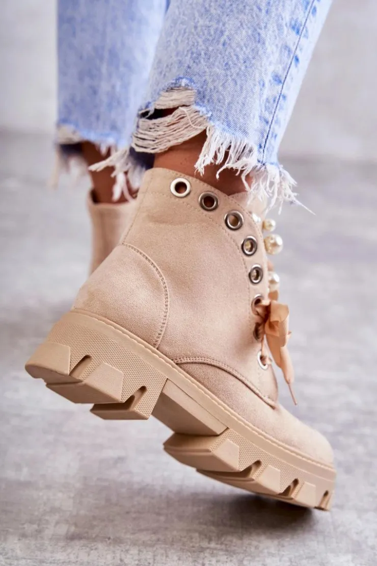 Boto Zamszowe Ocieplane Botki Z Perłami Beżowe Roco