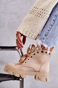 Boto Zamszowe Ocieplane Botki Z Perłami Beżowe Roco