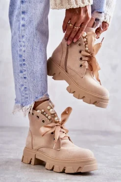 Boto Zamszowe Ocieplane Botki Z Perłami Beżowe Roco