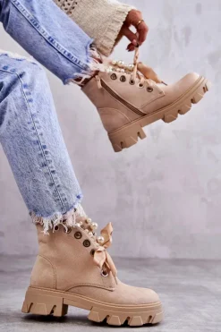 Boto Zamszowe Ocieplane Botki Z Perłami Beżowe Roco