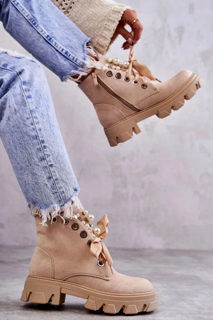 Boto Zamszowe Ocieplane Botki Z Perłami Beżowe Roco