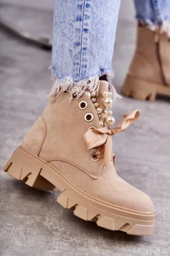Boto Zamszowe Ocieplane Botki Z Perłami Beżowe Roco