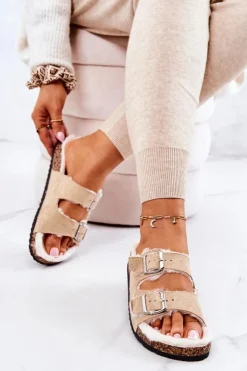 Damskie Boto Zamszowe Ocieplane Klapki Beżowe Adeline