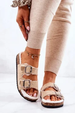 Damskie Boto Zamszowe Ocieplane Klapki Beżowe Adeline