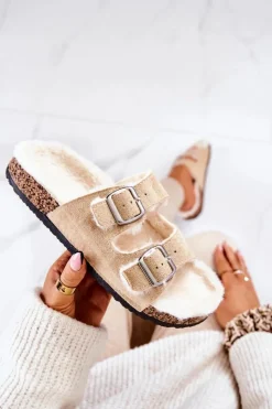 Damskie Boto Zamszowe Ocieplane Klapki Beżowe Adeline