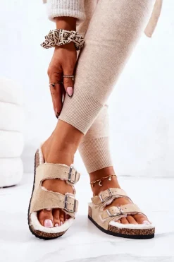 Damskie Boto Zamszowe Ocieplane Klapki Beżowe Adeline