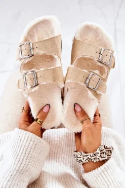 Damskie Boto Zamszowe Ocieplane Klapki Beżowe Adeline