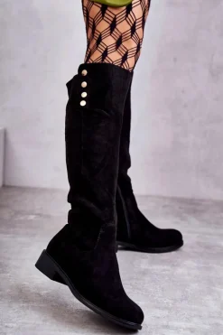 Damskie Damskie buty S.Barski Zamszowe Ocieplane Kozaki Na Płaskim Obcasie Czarne Laura