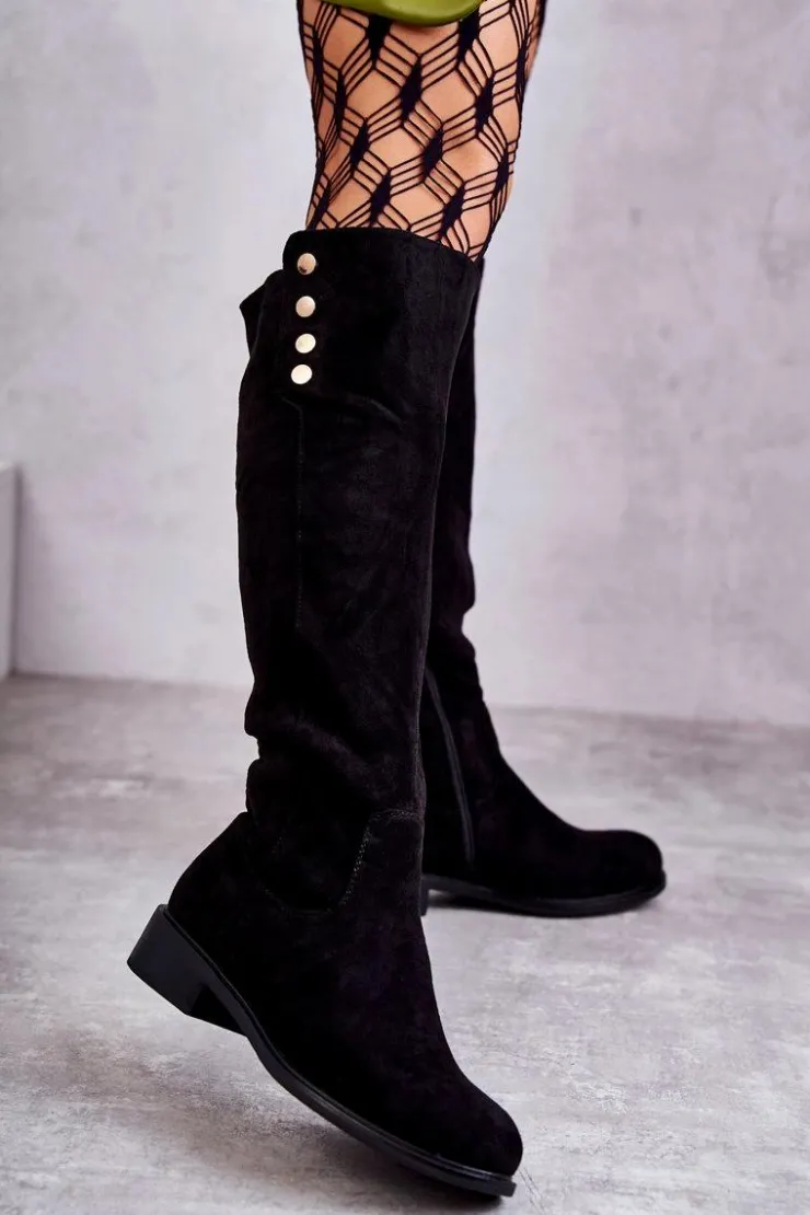 Damskie Damskie buty S.Barski Zamszowe Ocieplane Kozaki Na Płaskim Obcasie Czarne Laura