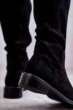 Damskie Damskie buty S.Barski Zamszowe Ocieplane Kozaki Na Płaskim Obcasie Czarne Laura