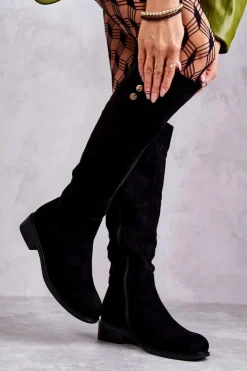 Damskie Damskie buty S.Barski Zamszowe Ocieplane Kozaki Na Płaskim Obcasie Czarne Laura