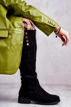 Damskie Damskie buty S.Barski Zamszowe Ocieplane Kozaki Na Płaskim Obcasie Czarne Laura