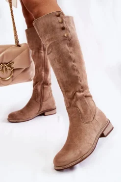 Damskie Damskie buty S.Barski Zamszowe Ocieplane Kozaki Na Płaskim Obcasie Beżowe Laura