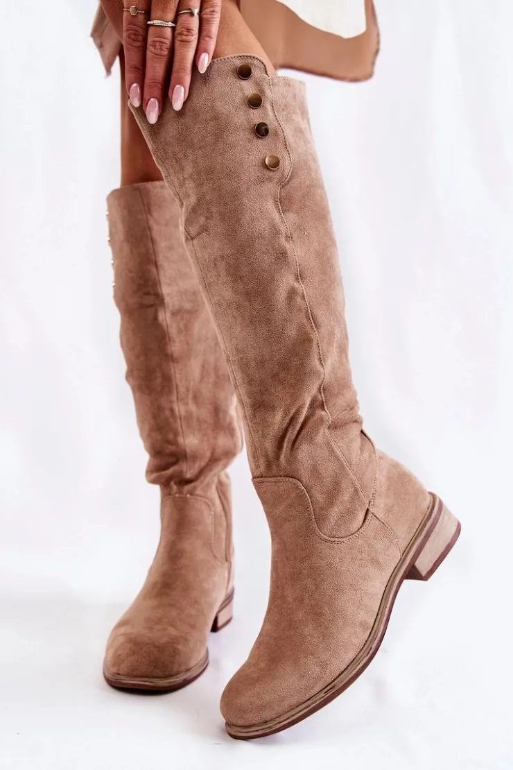 Damskie Damskie buty S.Barski Zamszowe Ocieplane Kozaki Na Płaskim Obcasie Beżowe Laura