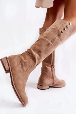 Damskie Damskie buty S.Barski Zamszowe Ocieplane Kozaki Na Płaskim Obcasie Beżowe Laura