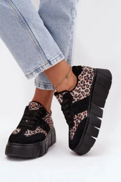 Buty damskie Vinceza Sneakersy Damskie*Zamszowe Ocieplane Sneakersy Damskie Na Masywnej Platformie Vinceza 66841 Panterka Czarne Czarny