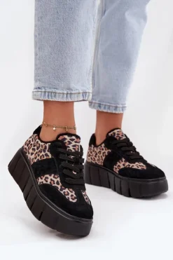 Buty damskie Vinceza Sneakersy Damskie*Zamszowe Ocieplane Sneakersy Damskie Na Masywnej Platformie Vinceza 66841 Panterka Czarne Czarny