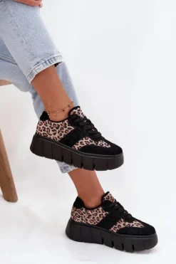 Buty damskie Vinceza Sneakersy Damskie*Zamszowe Ocieplane Sneakersy Damskie Na Masywnej Platformie Vinceza 66841 Panterka Czarne Czarny