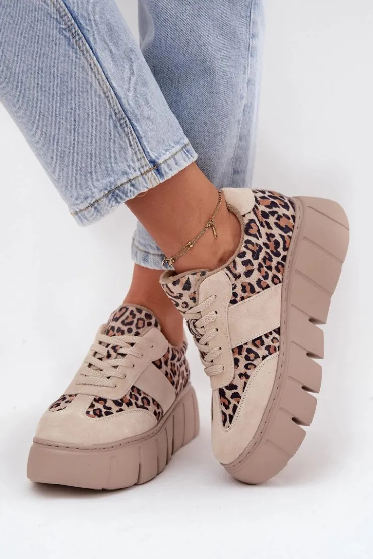 Outlet Buty damskie Vinceza Zamszowe Ocieplane Sneakersy Damskie Na Masywnej Platformie Vinceza 66841 Panterka Beżowe Beżowy