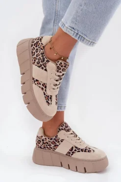 Outlet Buty damskie Vinceza Zamszowe Ocieplane Sneakersy Damskie Na Masywnej Platformie Vinceza 66841 Panterka Beżowe Beżowy