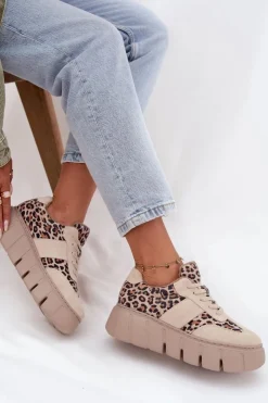 Outlet Buty damskie Vinceza Zamszowe Ocieplane Sneakersy Damskie Na Masywnej Platformie Vinceza 66841 Panterka Beżowe Beżowy