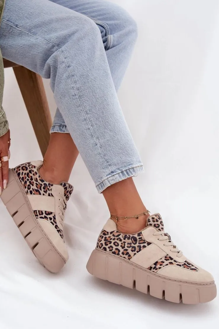 Outlet Buty damskie Vinceza Zamszowe Ocieplane Sneakersy Damskie Na Masywnej Platformie Vinceza 66841 Panterka Beżowe Beżowy