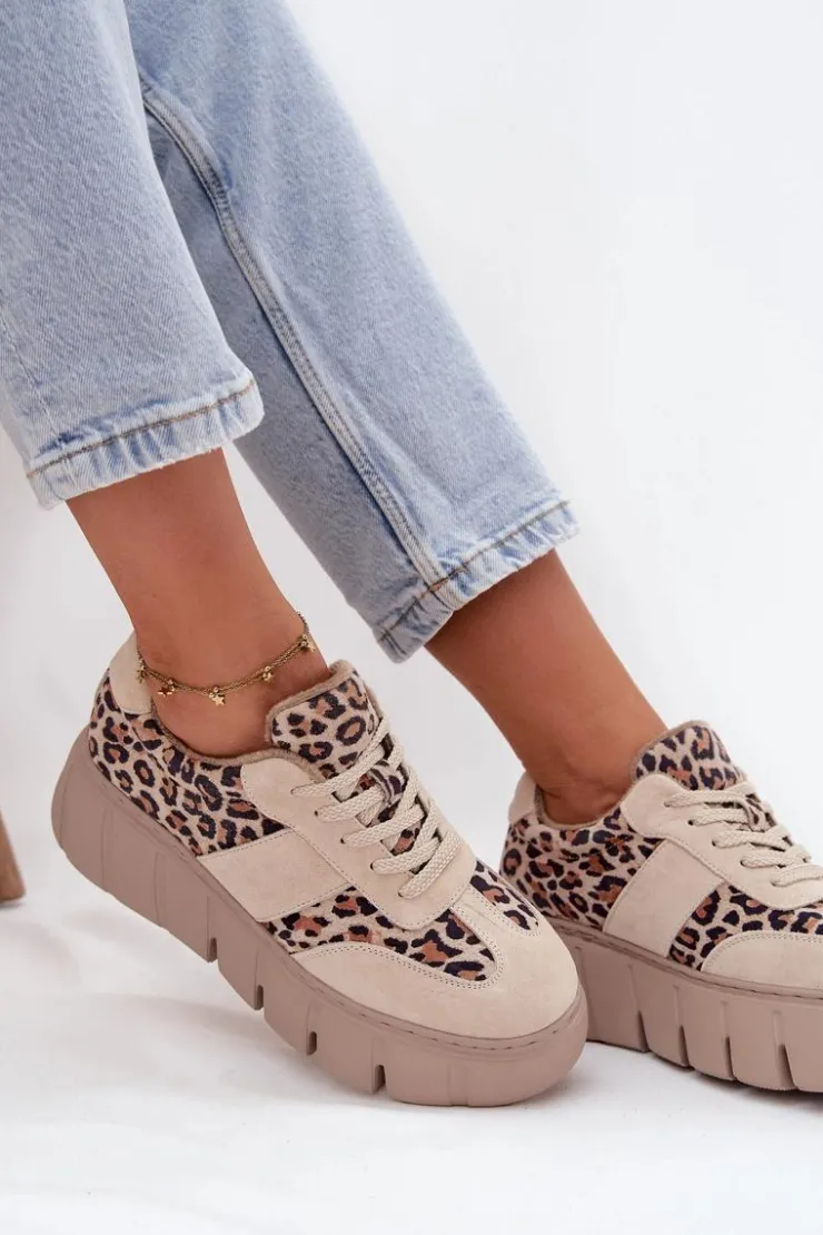 Outlet Buty damskie Vinceza Zamszowe Ocieplane Sneakersy Damskie Na Masywnej Platformie Vinceza 66841 Panterka Beżowe Beżowy