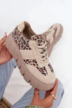 Outlet Buty damskie Vinceza Zamszowe Ocieplane Sneakersy Damskie Na Masywnej Platformie Vinceza 66841 Panterka Beżowe Beżowy