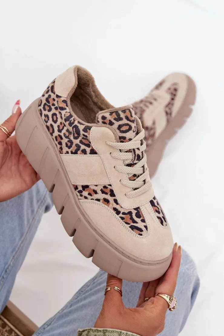 Outlet Buty damskie Vinceza Zamszowe Ocieplane Sneakersy Damskie Na Masywnej Platformie Vinceza 66841 Panterka Beżowe Beżowy