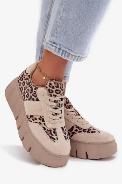 Outlet Buty damskie Vinceza Zamszowe Ocieplane Sneakersy Damskie Na Masywnej Platformie Vinceza 66841 Panterka Beżowe Beżowy