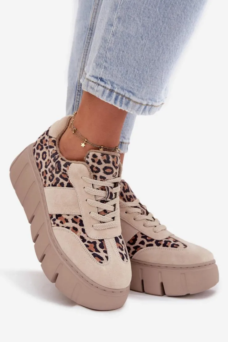 Outlet Buty damskie Vinceza Zamszowe Ocieplane Sneakersy Damskie Na Masywnej Platformie Vinceza 66841 Panterka Beżowe Beżowy