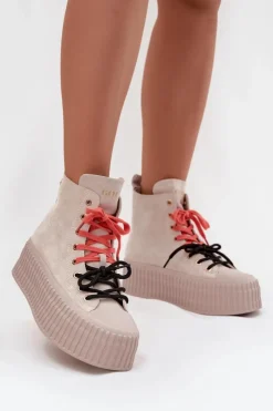 GOE Trampki Damskie Wysokie*Zamszowe Ocieplane Trampki Damskie Na Masywnej Platformie SS2N4047 Beżowe Beżowy