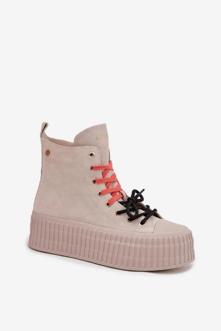 GOE Trampki Damskie Wysokie*Zamszowe Ocieplane Trampki Damskie Na Masywnej Platformie SS2N4047 Beżowe Beżowy