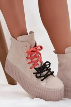 GOE Trampki Damskie Wysokie*Zamszowe Ocieplane Trampki Damskie Na Masywnej Platformie SS2N4047 Beżowe Beżowy