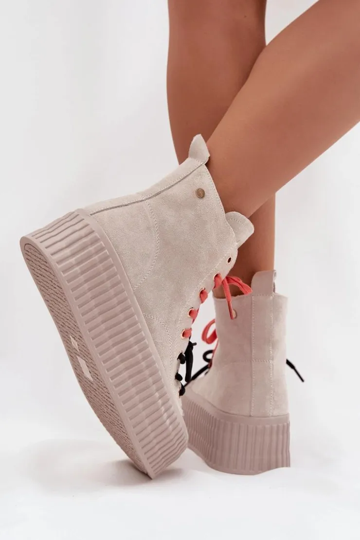 GOE Trampki Damskie Wysokie*Zamszowe Ocieplane Trampki Damskie Na Masywnej Platformie SS2N4047 Beżowe Beżowy