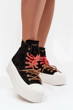 Best GOE Zamszowe Ocieplane Trampki Damskie Na Masywnej Platformie SS2N4046 Czarne Czarny