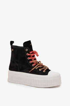 Best GOE Zamszowe Ocieplane Trampki Damskie Na Masywnej Platformie SS2N4046 Czarne Czarny