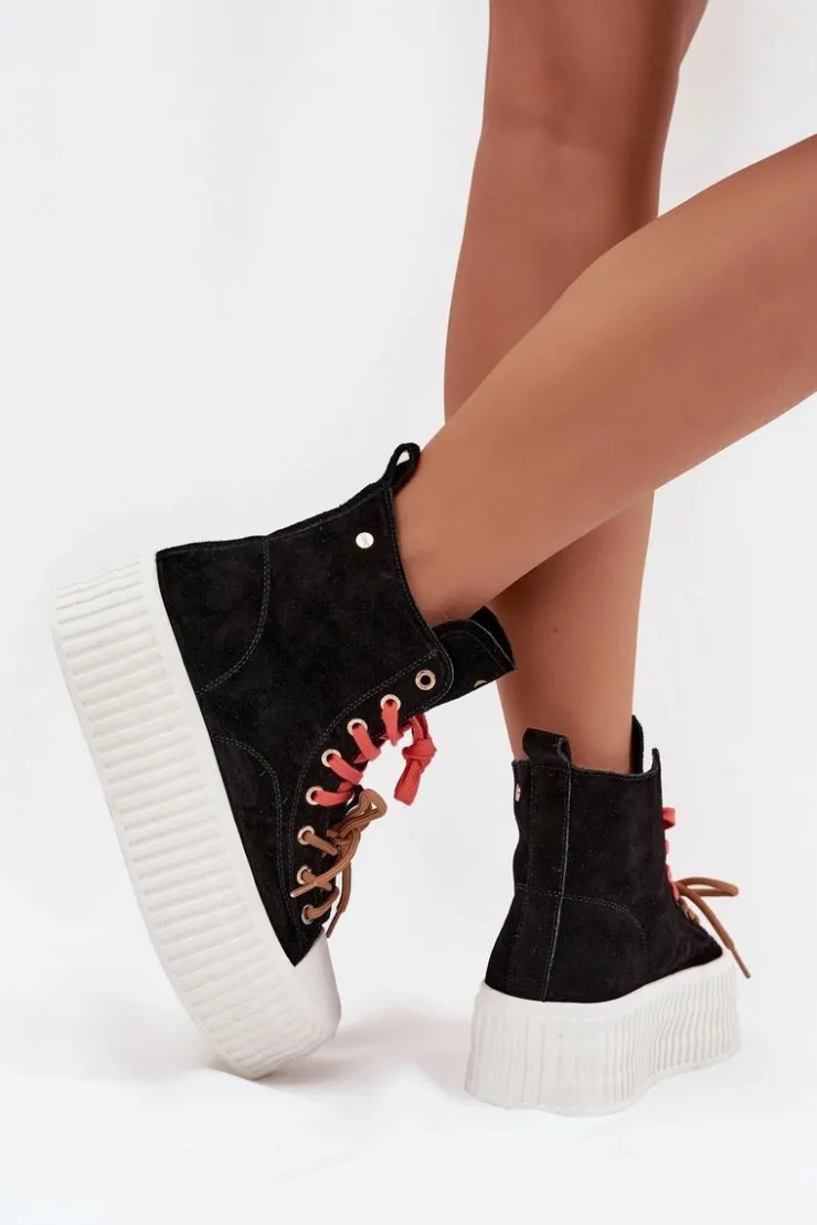 Best GOE Zamszowe Ocieplane Trampki Damskie Na Masywnej Platformie SS2N4046 Czarne Czarny