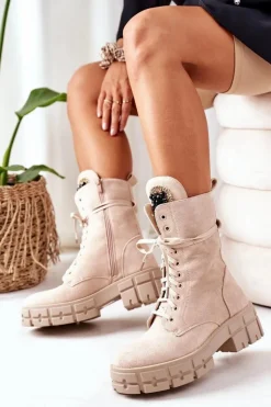 Damskie Boto Zamszowe Ocieplane Workery Z Kamieniami Beżowe Hadley