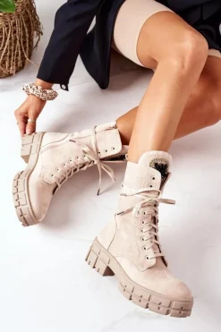 Damskie Boto Zamszowe Ocieplane Workery Z Kamieniami Beżowe Hadley