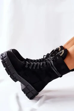 Damskie Boto Zamszowe Ocieplane Workery Z Kamieniami Czarne Hadley