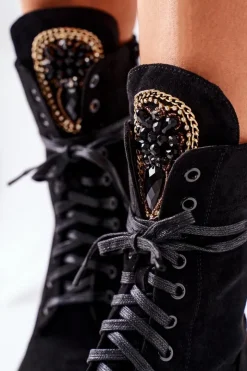 Damskie Boto Zamszowe Ocieplane Workery Z Kamieniami Czarne Hadley