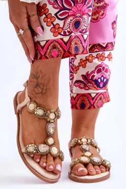 Damskie Boto Zamszowe Płaskie Sandały Z Kamieniami Beżowe Dallas