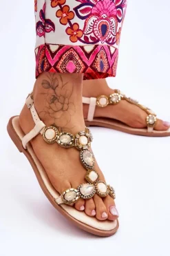 Damskie Boto Zamszowe Płaskie Sandały Z Kamieniami Beżowe Dallas