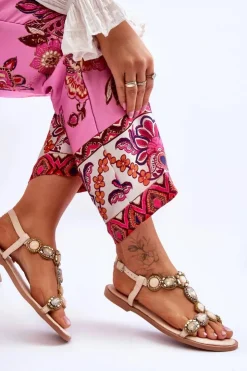 Damskie Boto Zamszowe Płaskie Sandały Z Kamieniami Beżowe Dallas