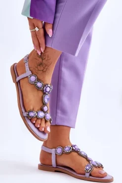 Boto Sandały Płaskie*Zamszowe Płaskie Sandały Z Kamieniami Fioletowe Dallas