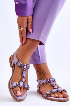 Boto Sandały Płaskie*Zamszowe Płaskie Sandały Z Kamieniami Fioletowe Dallas