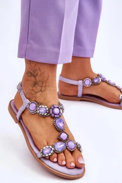 Boto Sandały Płaskie*Zamszowe Płaskie Sandały Z Kamieniami Fioletowe Dallas