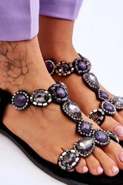 New Boto Zamszowe Płaskie Sandały Z Kamieniami Czarne Dallas