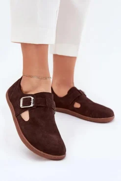 Zazoo Półbuty Skórzane|Barefoot*Zamszowe Półbuty Barefoot Damskie Z Klamrą N1261 Czekoladowe Brązowy